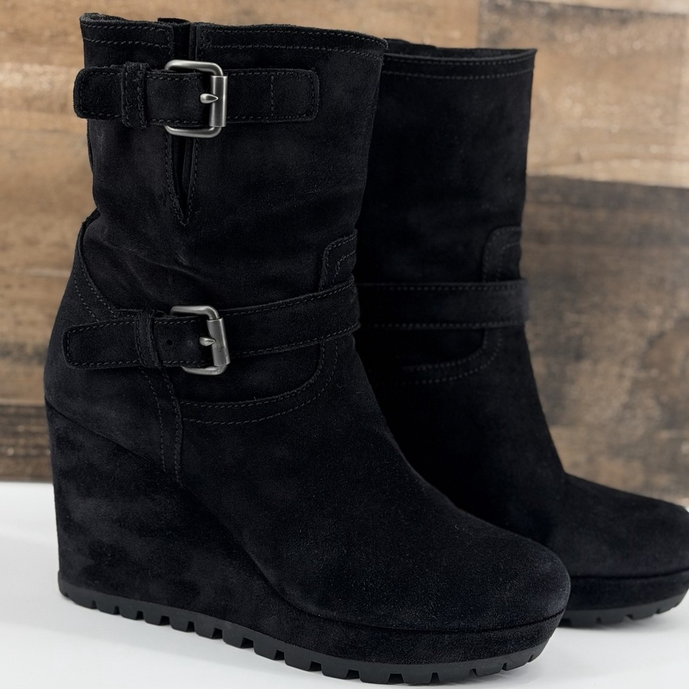 Prada Women's Black Suede Wedge Boots Size 38 (US 7.5-8) Buckle Strap Lug Sole - Picture 1 of 12